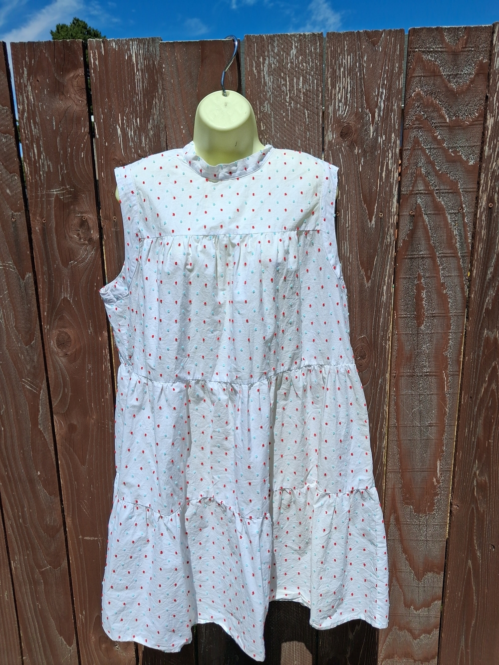 Sleeveless White Tiered Sun Dress with Blue And Red Dot Print